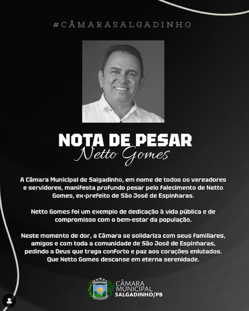 Câmara de Salgadinho presta homenagem e solidariedade pela perda do ex-prefeito Netto Gomes