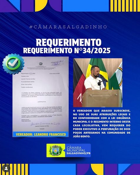Vereador Leandro Francisco solicita perfuração de poços artesianos na comunidade João Bento