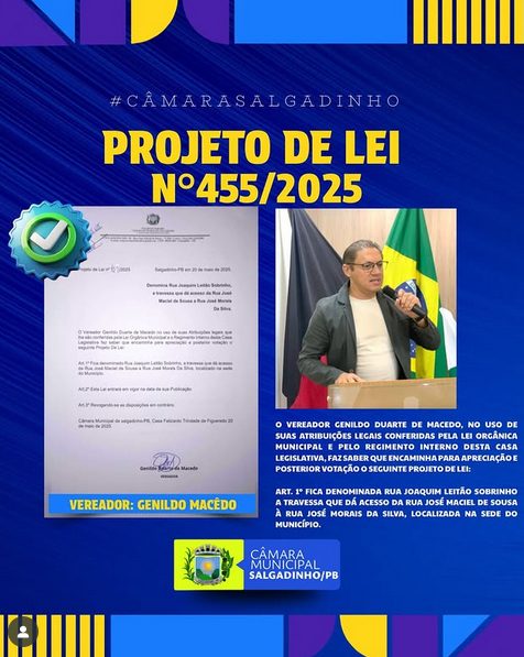 Projeto de Lei propõe nomear travessa em homenagem a Joaquim Leitão Sobrinho em Salgadinho
