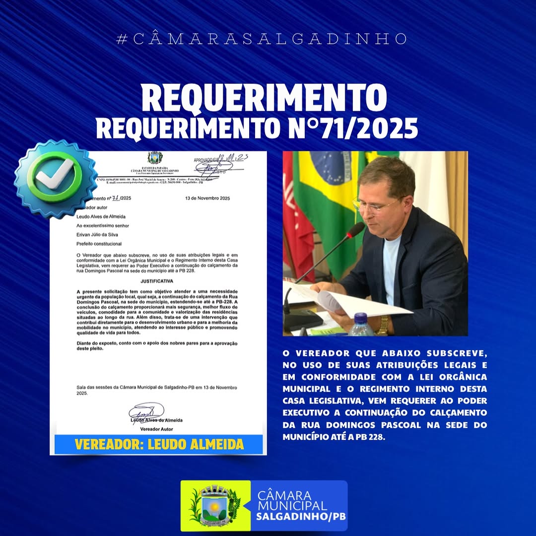 Leudo Alves solicita extensão de calçamento para Rua Domingos Pascoal em Salgadinho