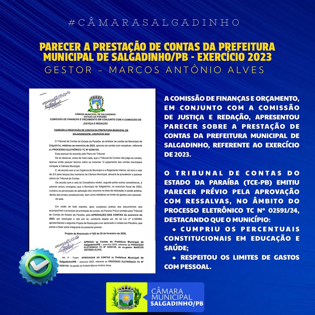 Câmara de Salgadinho analisa contas de 2023 com parecer prévio do TCE