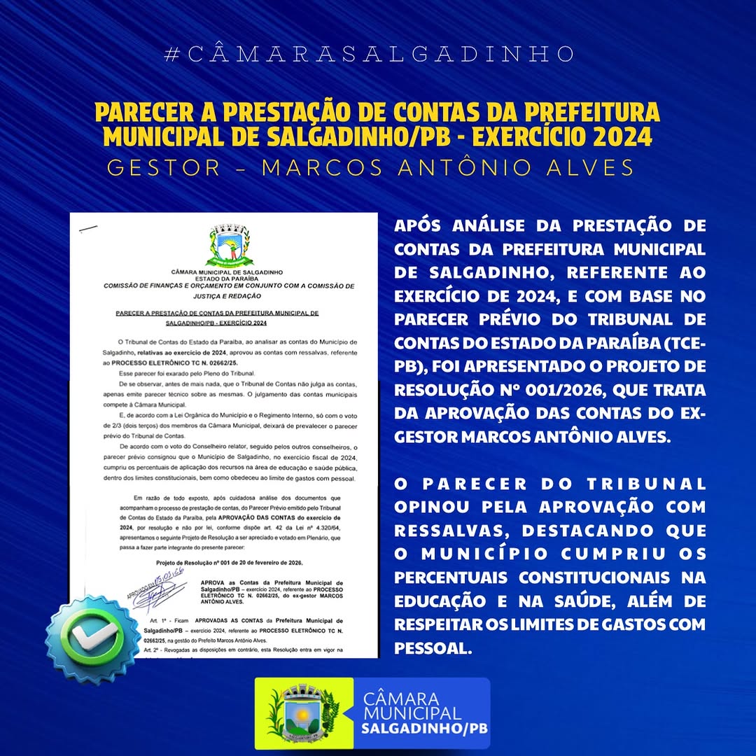 Câmara de Salgadinho recebe Projeto de Resolução para aprovação de contas 2024