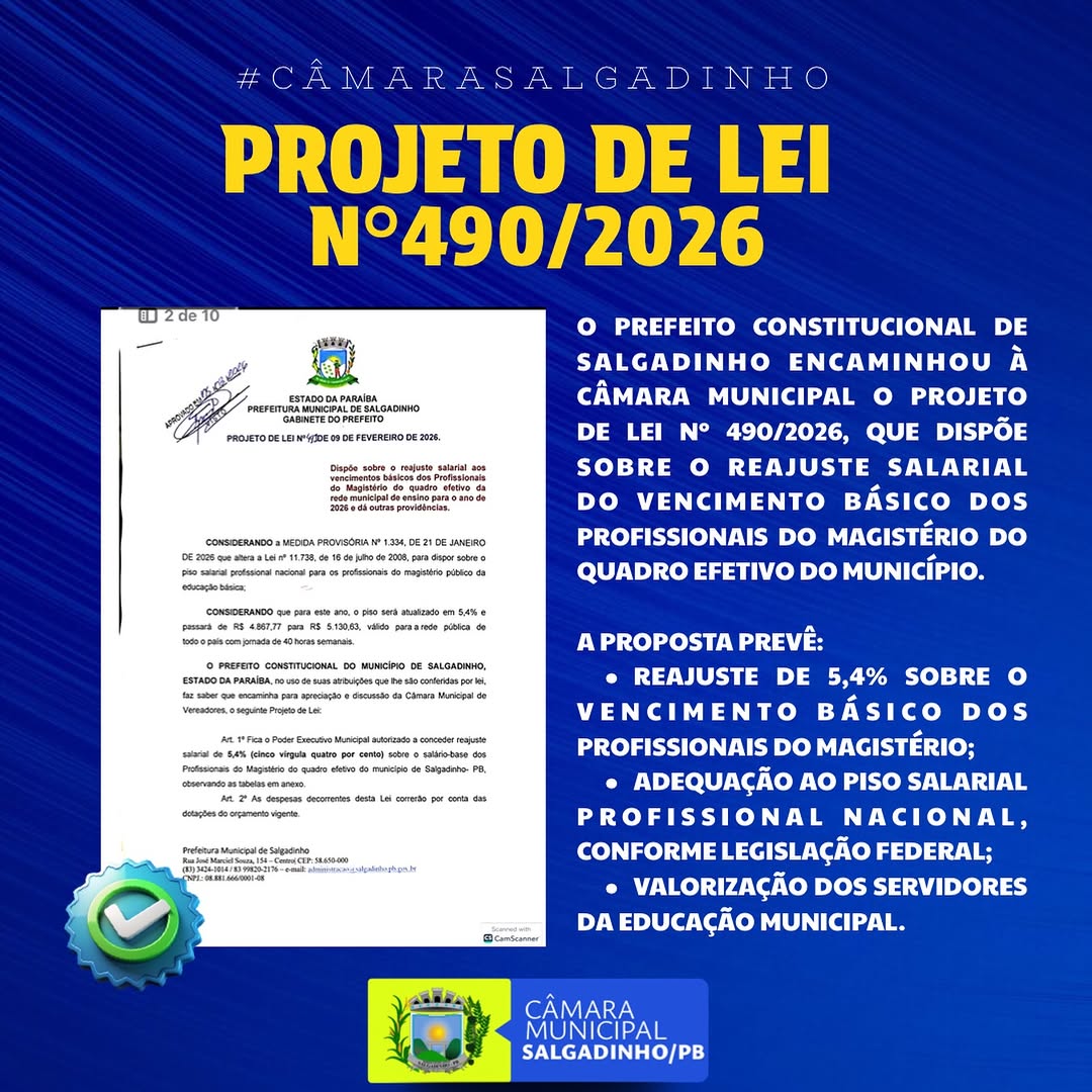 Prefeito de Salgadinho encaminha PL com reajuste de 5,4% para o magistério