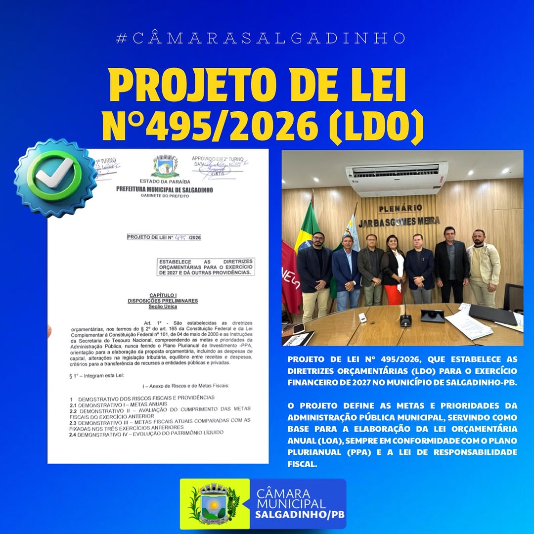 Câmara de Salgadinho Aprova LDO 2027 por Unanimidade Visando Planejamento Fiscal