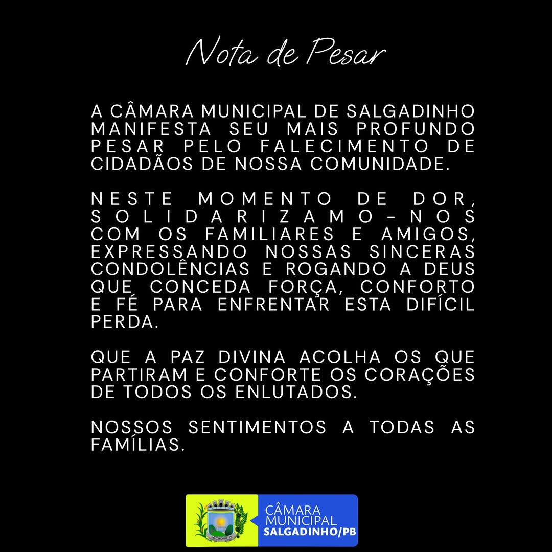 Câmara de Salgadinho Lamenta Falecimentos e Presta Solidariedade